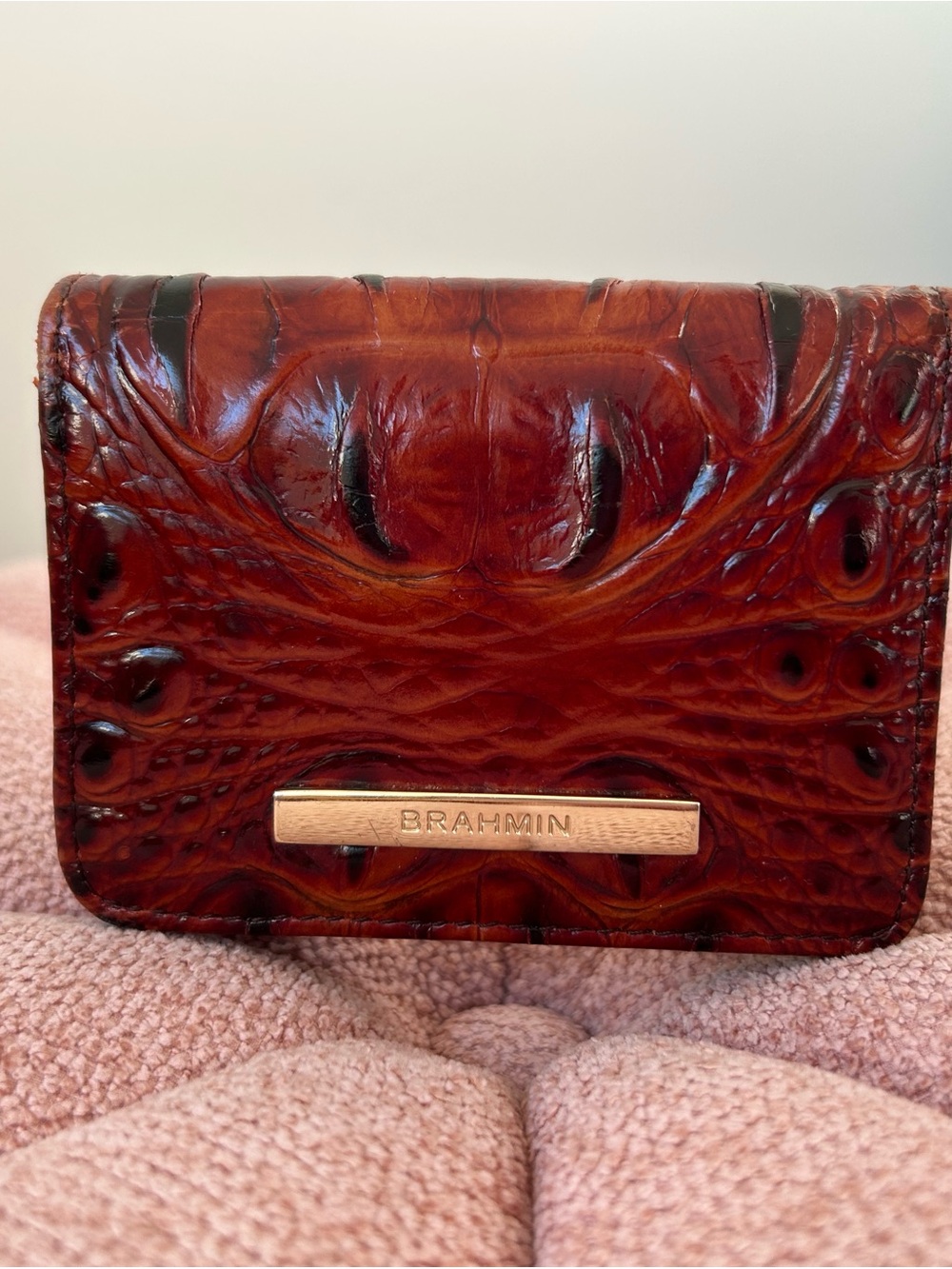 Brahmin Embossed Croc Leather Card Case - Chestnut Brown with Gold Plaque